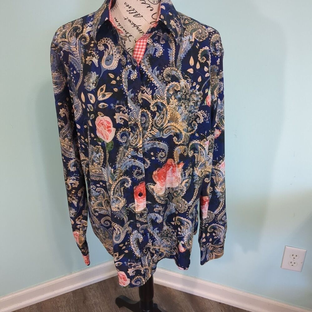 Royal Highness Equestrian Floral Paisley Print Button Long Sleeve Shirt extra la